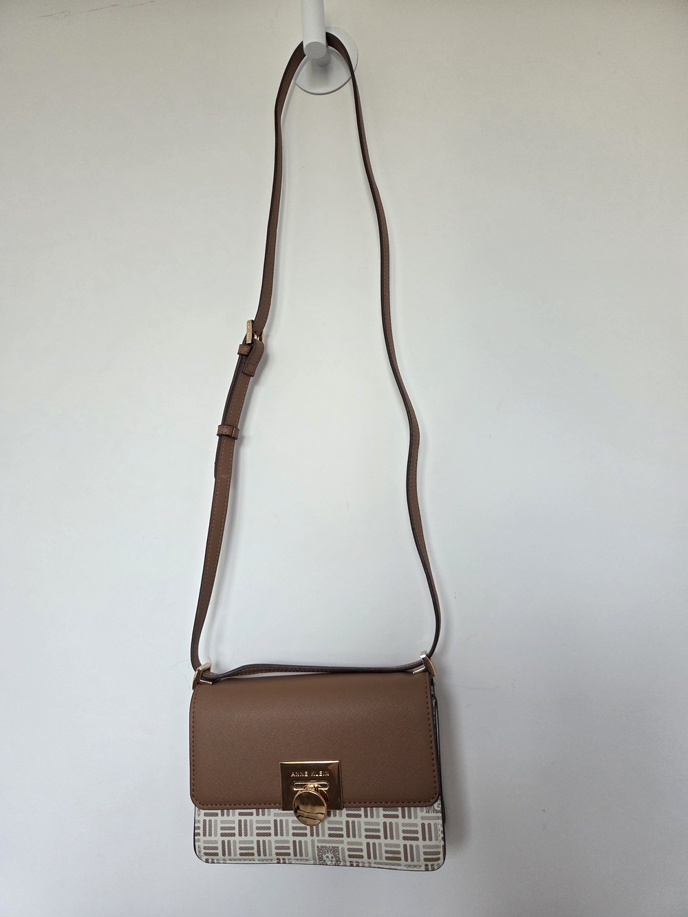 Anne Klein Brown and Cream Crossbody Bag with Gold-Tone Lock